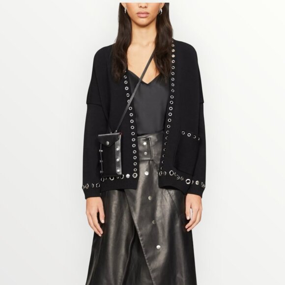 Maje Metallica Grommet Cardigan Open Front in Black - Picture 1 of 8